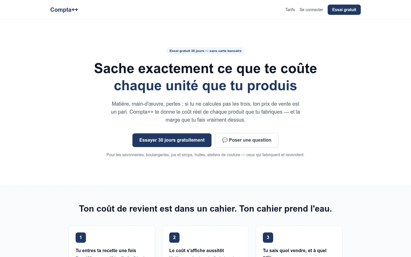 Page d'accueil de Compta++ : connaître le coût de chaque unité produite