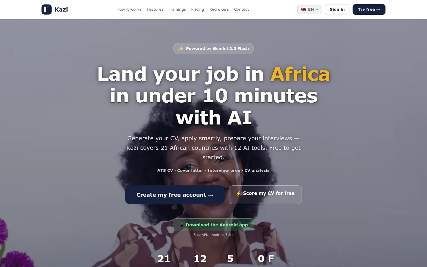 Page d'accueil de Kazi, assistant carrière IA pour l'Afrique