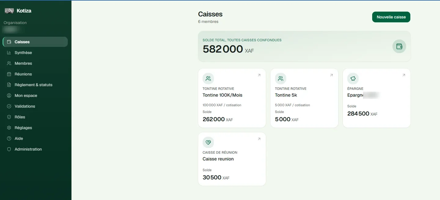 Kotiza : les caisses d'une organisation et leurs soldes