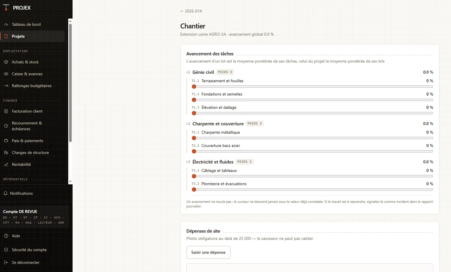 Projex: site progress, task by task, with a weight per work package (test data)